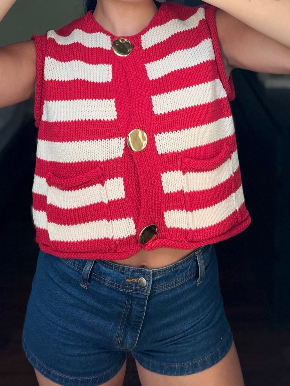Zara Red & Cream Striped Knit Button Vest